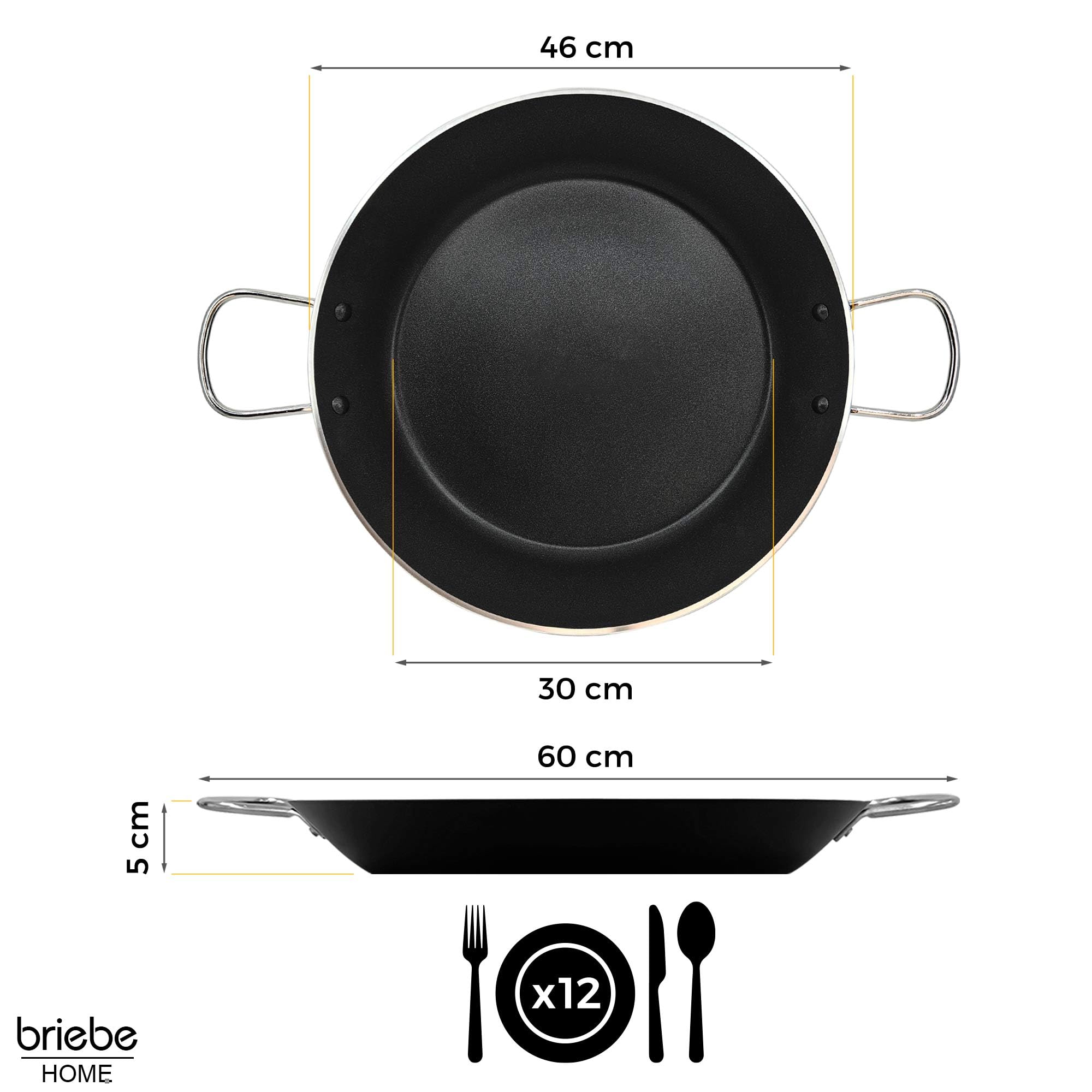 briebe Zafran Poêle à paella à induction anti-adhésive ILAG écologique sans PFOA, épaisseur 3 mm, aluminium pressé, convient à toutes les cuisines, vitrocéramique, gaz, four 46 cm