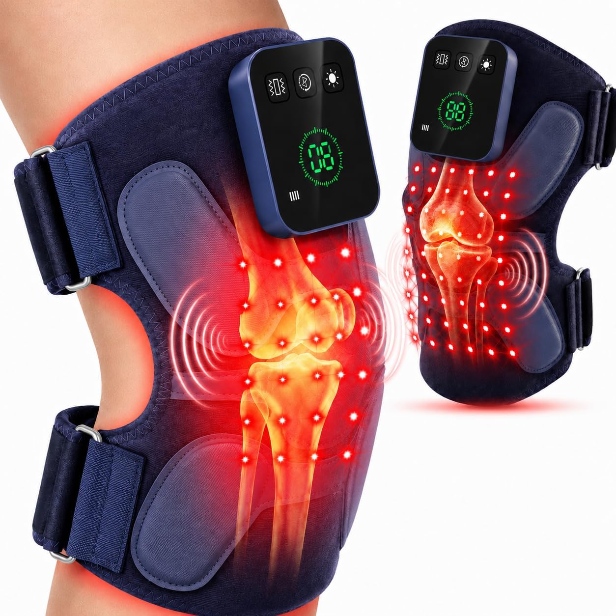 Red Light Therapy Knee Massager Device, 660nm & 850nm Infrared Heat & Vibration Cordless Knee Massager with 72 LEDs, 5000mAh Rechargeable for Knee, Elbow, Shoulder Joint Massage Therapy