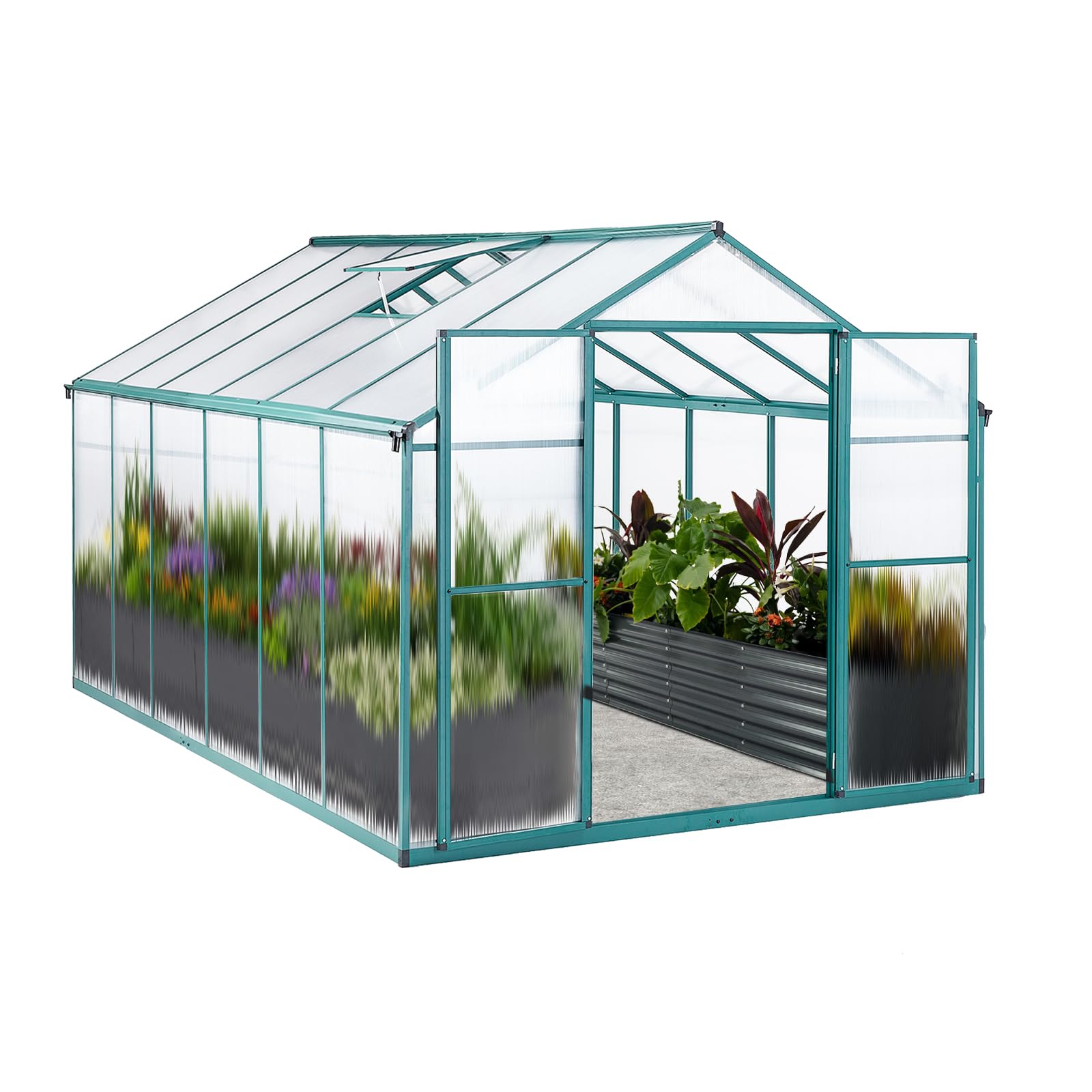 Gewächshaus Aluminium mit Fundament 361x238cm - 8,59m² Tomatenhaus winterfestes Gewächshaus in Grau - stabiles Gartengewächshaus für Balkon & Garten (Grün, 361*238*210cm)