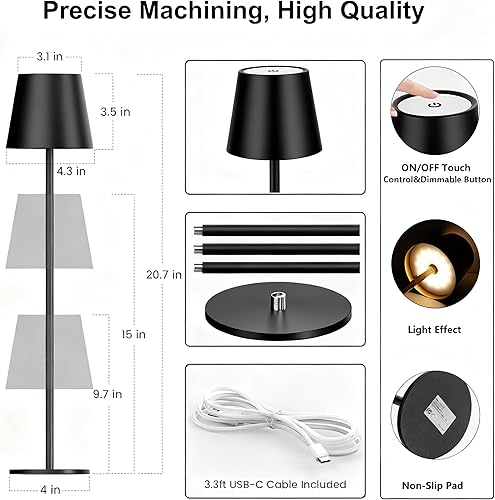 Miniatura 11 de Paquete de 2 lámparas de mesa inalámbricas de metal, 3 alturas ajustables, batería recargable de 5400 mAh, atenuación táctil de 3 colores, lámpara
