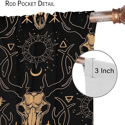 Vista 110 de Cortinas de cabeza de cabra, misteriosa cabeza de cabra malvada, calavera negra, bolsillo para barra, cortinas opacas para ventana, juego de 2