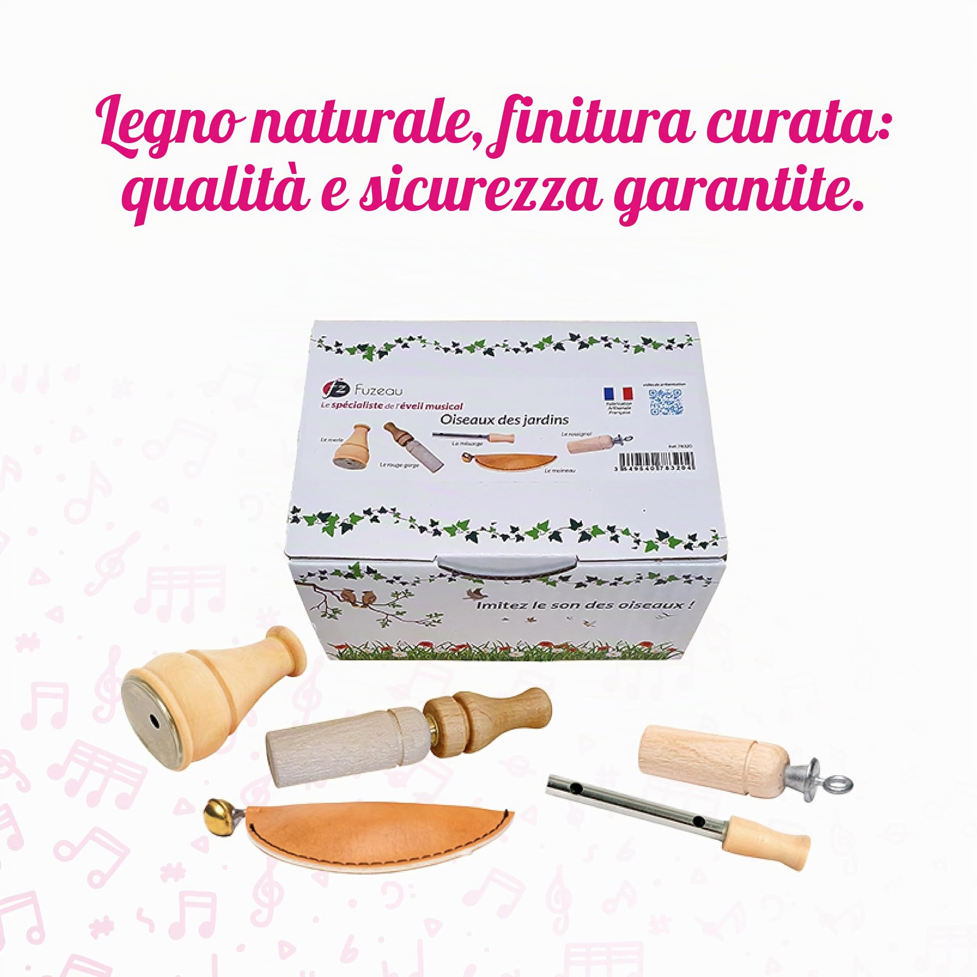 Fuzeau – Cofanetto 5 Appeaux Manuali - Legno Naturale Bosso e Faggio Vernice Alimentare – Suoni di Uccelli Autentici Gallina d'Acqua, Tordo, Passero, Rossignolo, Anatra – Da 4 Anni - Ref.78321