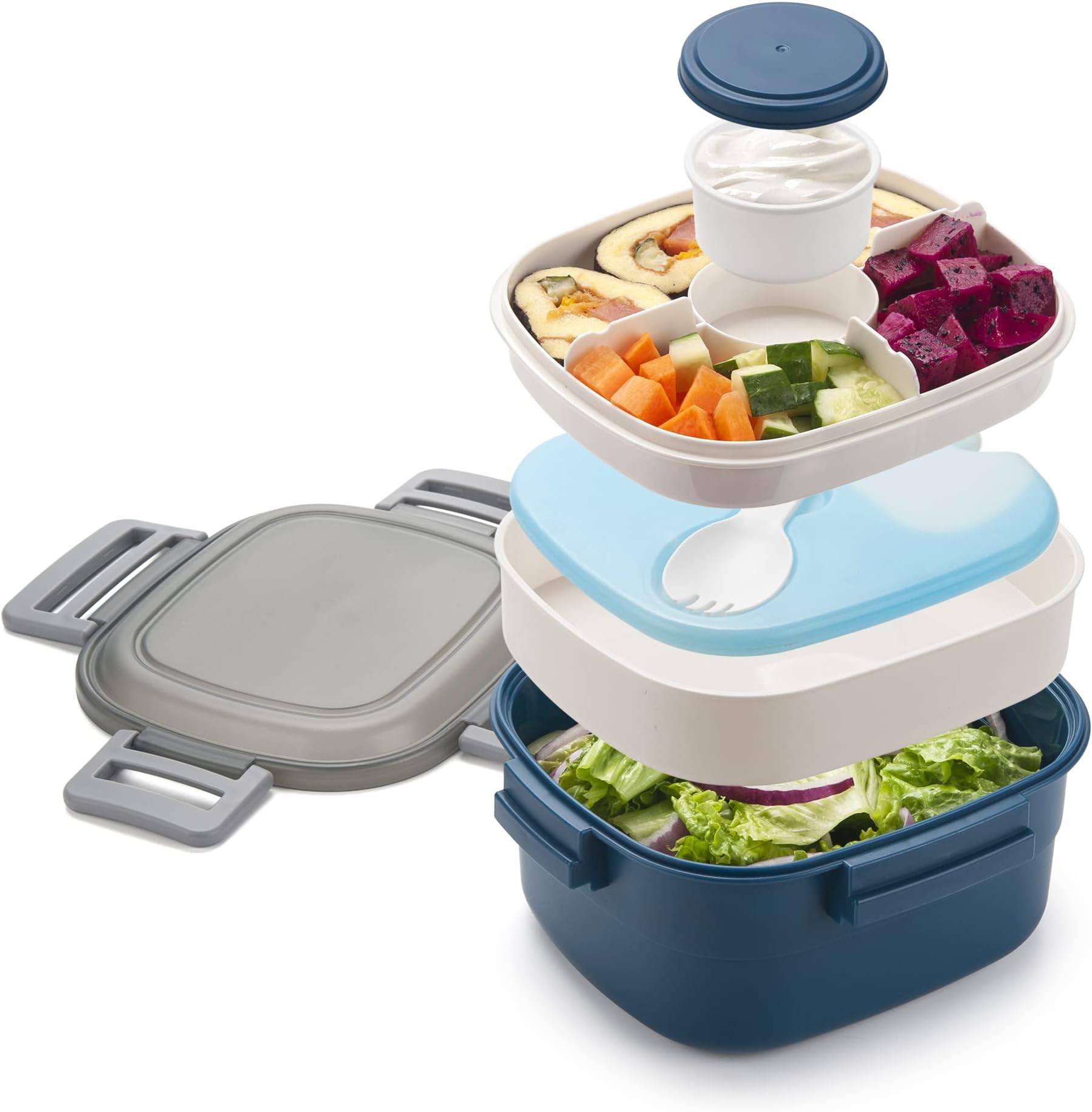 Freshmage Salad Container for Lunch with Ice Pack, Leakproof BPA-Free 52-oz Lunch Container with 4 Compartments, Salad Dressings Container for Salad Toppings, Snacks, Men, Women (Blue)