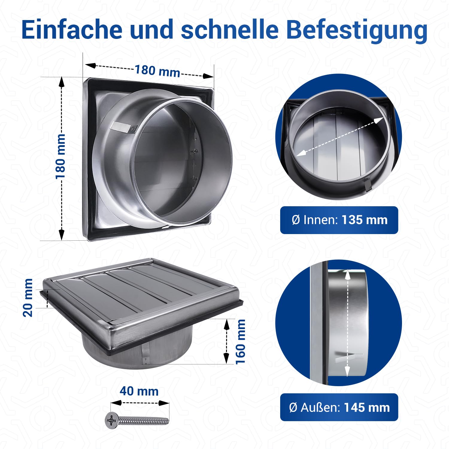 Edelstahl Abluftgitter Mit Gravitationsklappe – 18,4x9,5 Cm, Für Trockner, Dunstabzug, Lüftung