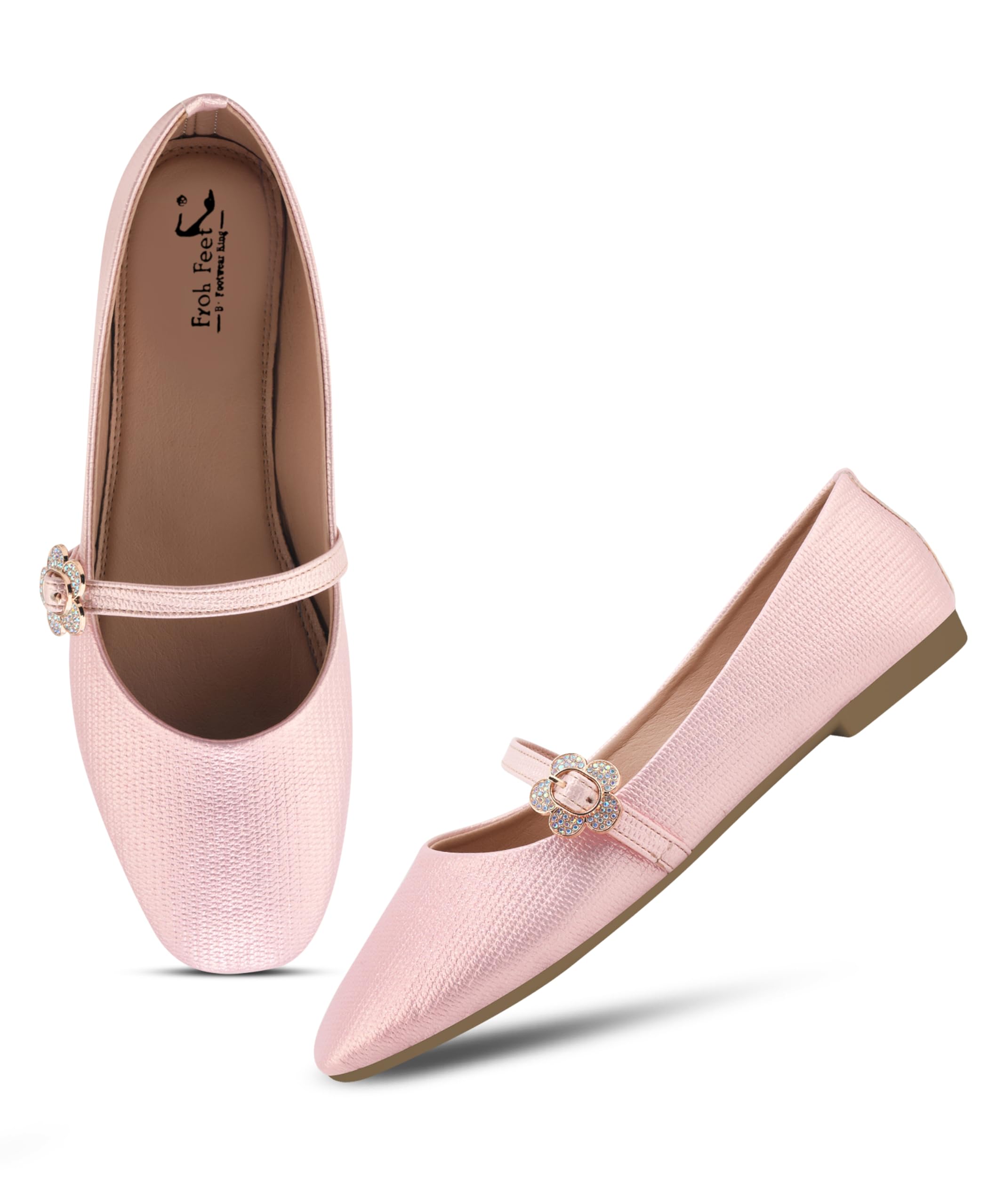 Froh Feet Women’s Elegant Textured Mary Jane Flats with Adjustable Strap and Sparkling Floral Buckle Embellishment Detail-picture-25