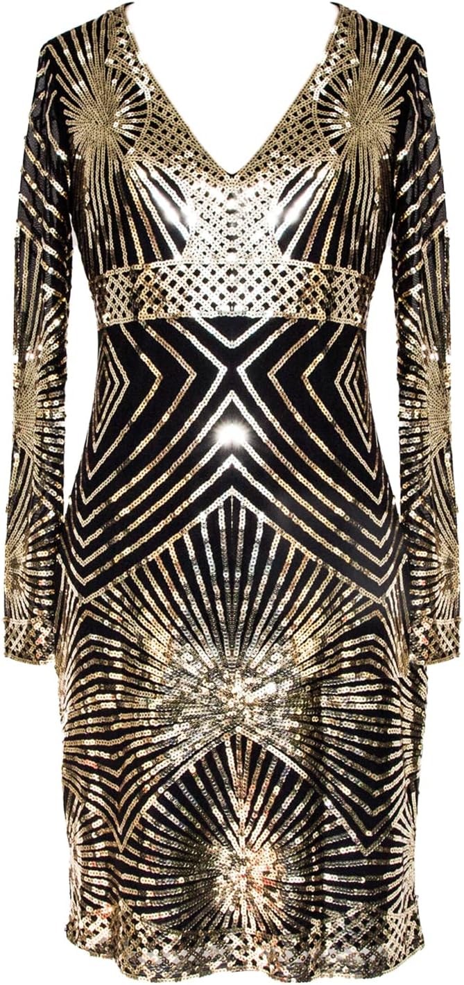 MISSCHEN Women's V Neck Sequin Bodycon Midi Dress Long Sleeve Stretchy Sparkly Cocktail Evening Party Gown