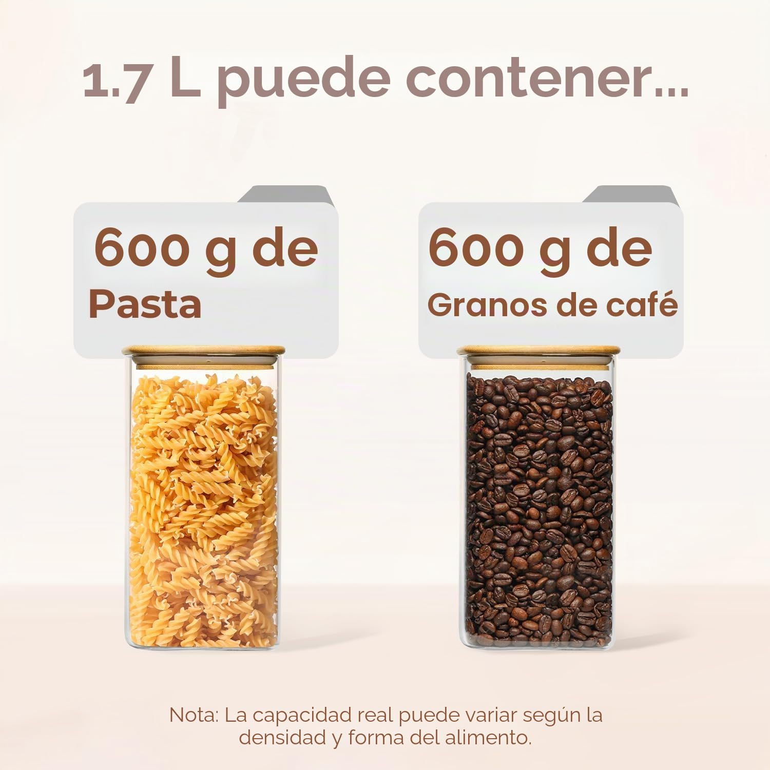 ComSaf Tarros de cristal con tapa 1,7 L, pack de 3 para cocina y despensa | Frascos de vidrio, Botes cocina almacenaje, Tapas de bambú, Avena instantánea, Bolsitas de té verde, Hinojo en grano