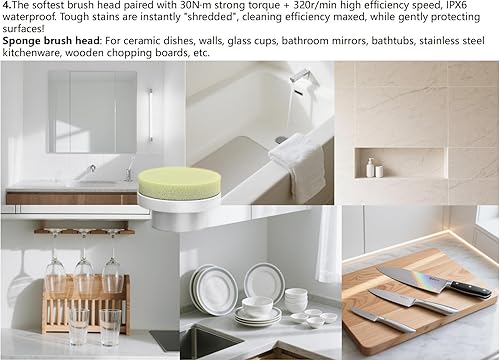 Miniatura 5 de Limpiador eléctrico giratorio, inalámbrico, impermeable, 5 cabezales con pantalla LED, 10.58 onzas, portátil, silencioso y potente para baño,