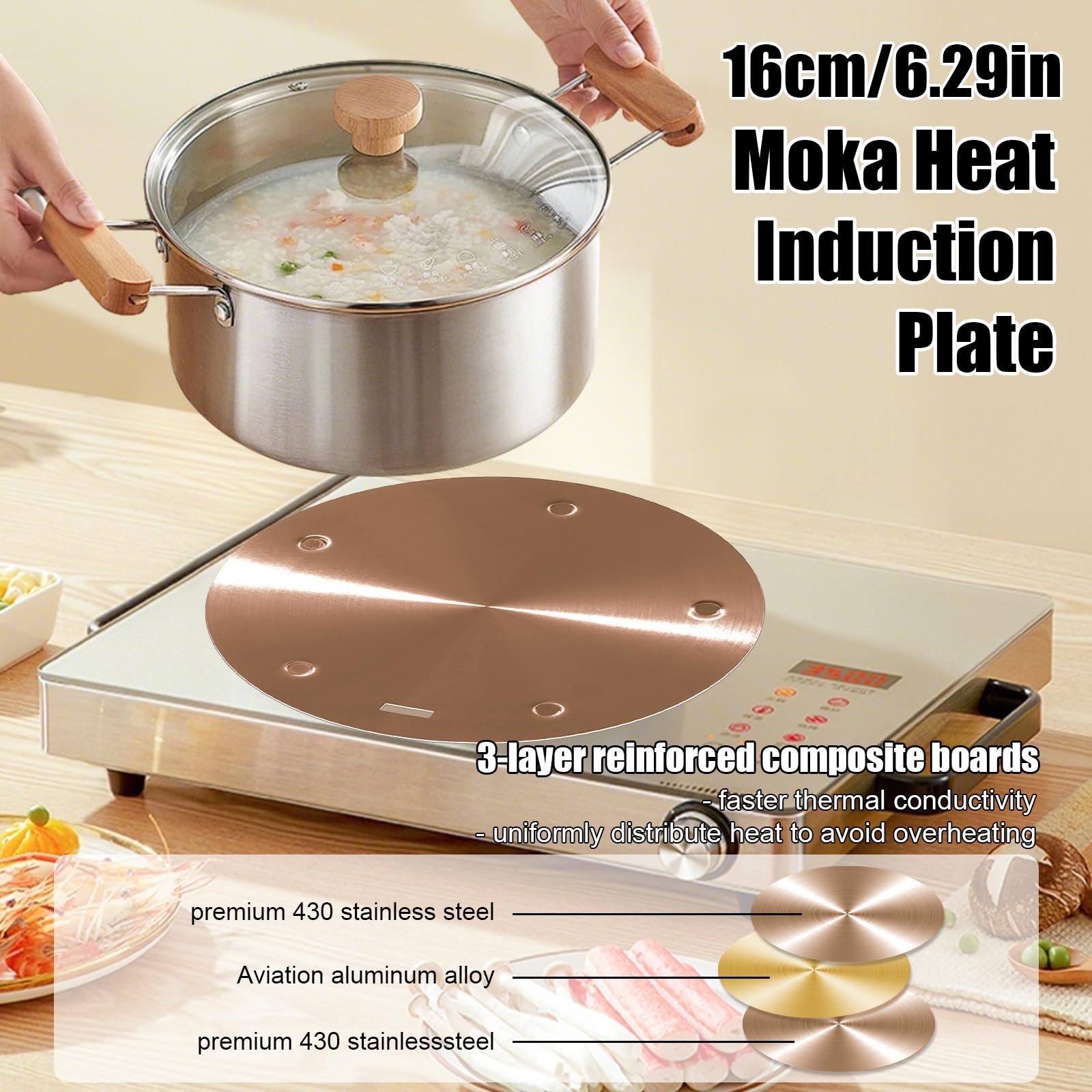 BigKing Piastra di Diffusione di Calore 16cm, Adattatore di Induzione, Disco convertitore di Piastra di Cottura a Induzione con Maniglia Rimovibile Isolante (Oro rosa)