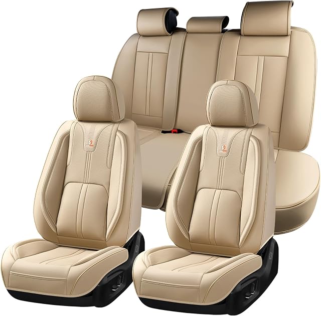 Huidasource Beige Seat Covers Luxury Nappa Leather, Car Seat Cover with Velcro Adjustable, Airbag, Lumbar Support, Cooling&Heating, Automotive Seat Covers Universal Fit for Most Cars SUV Trucks Beige