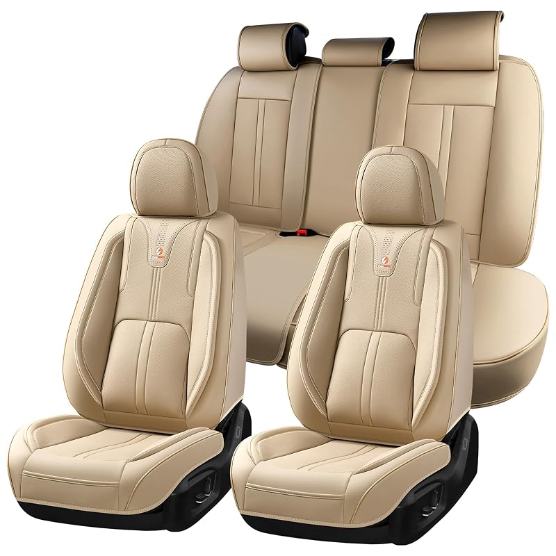 Capa para Banco Automotivo em Couro Sintético Estilo Nappa Bege com Apoio Lombar, Costura para Airbag e Ajuste por Velcro Huidasource FS# Beige01