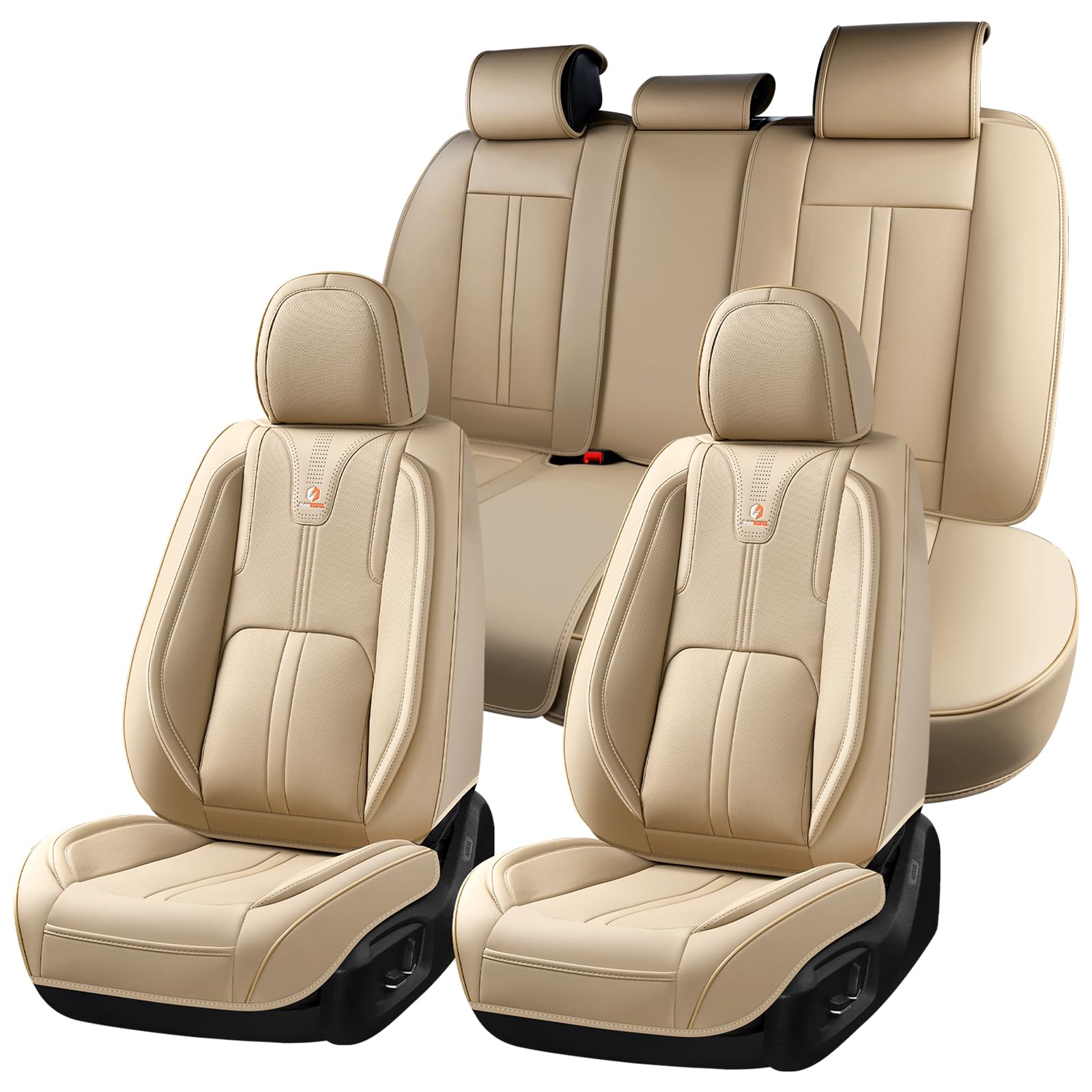 Huidasource Beige Seat Covers Luxury Nappa Leather, Car Seat Cover with Velcro Adjustable, Airbag, Lumbar Support, Cooling＆Heating, Automotive Seat
