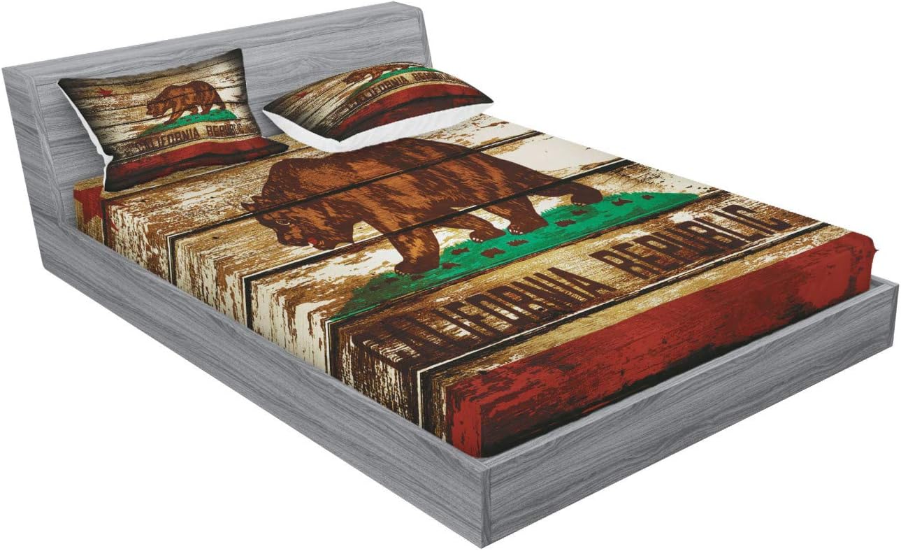 Ambesonne Flag Fitted Sheet & Pillow Sham Set, Grunge California Flag on Rustic Boards Grunge Weathered Design, Decorative Printed 3 Piece Bedding Decor Set, Queen, Vermilion Brown