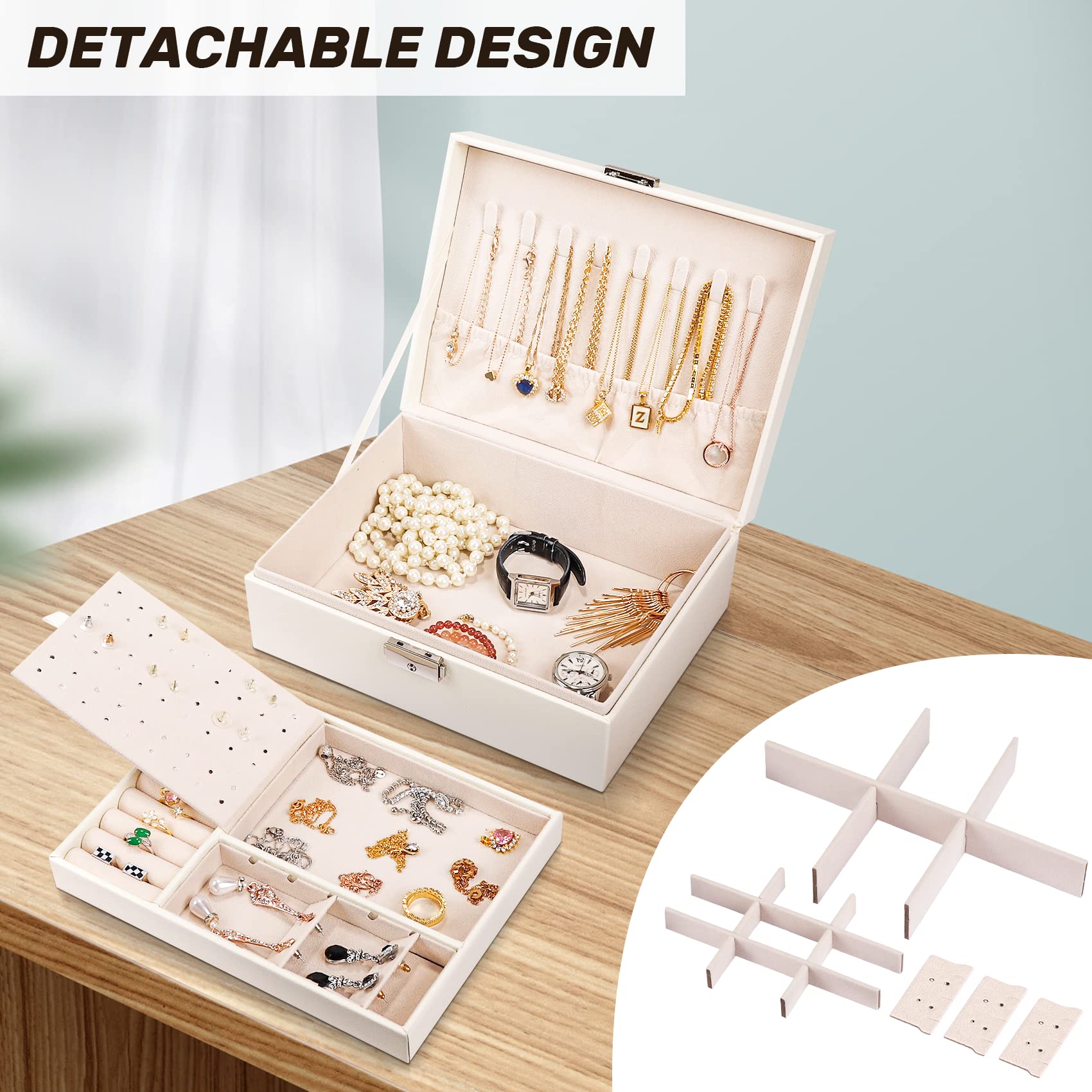 LUZOON Schmuckschatulle Schmuckkästchen für Damen, 2 Schich Schmuckaufbewahrung Mädchen Schmuckkasten Schmuckbox PU Leder Schmuck Groß für Ringe, Ohrringe, Halskette (Weiß)