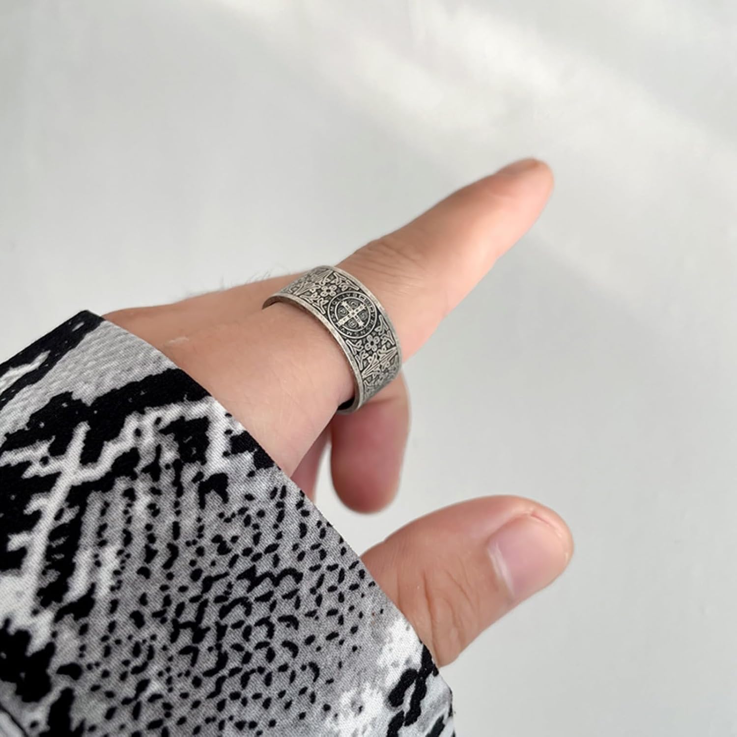 Exorcist Saint Benedict Vintage Titanium Steel Ring, Christian Protection Amulet 10mm Wide Band, Retro Religious Jewelry