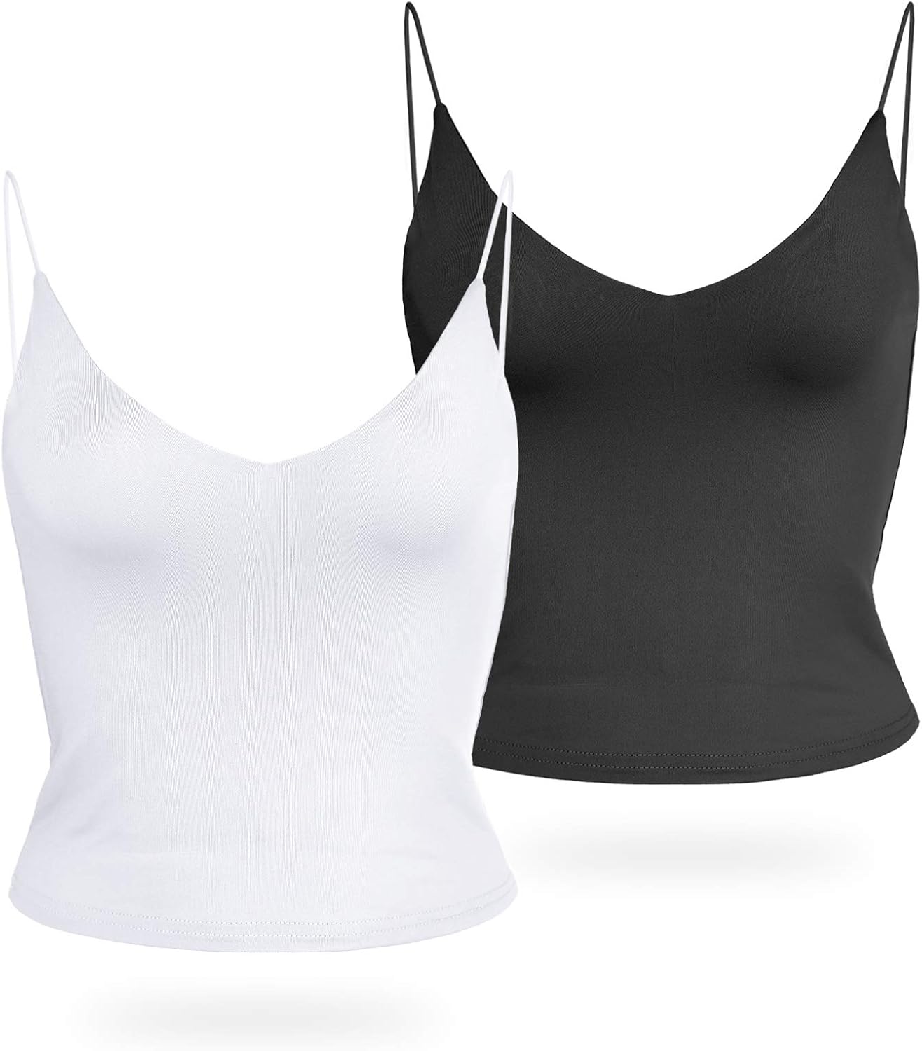 Amilia Women's Basic Solid Deep V Neck Cami Spaghetti Double Layer Crop Tank Tops Casual Shirts