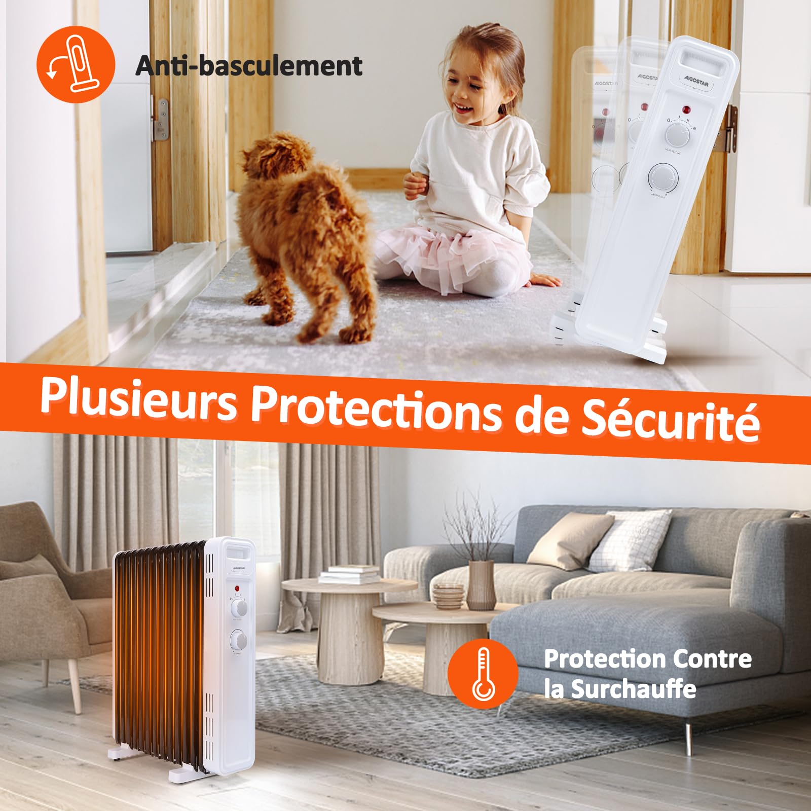 Aigostar Radiateur à Bain d'Huile 2500W, 13 Éléments,Économie d’énergie