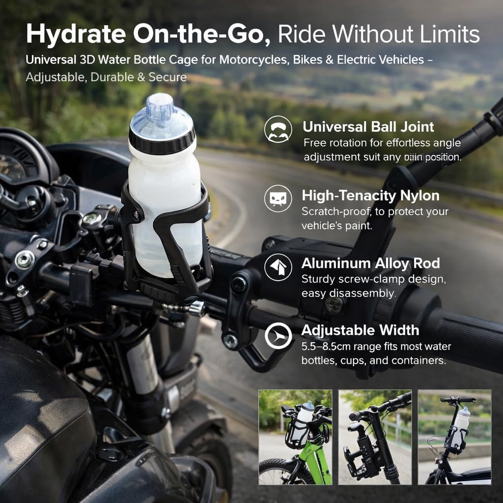 Motorcycle Cup Holder, High Tenacity Cup Holder Universal Joint Nylon Adjustment 3D Water Bottle Cages for Electric Vehicles