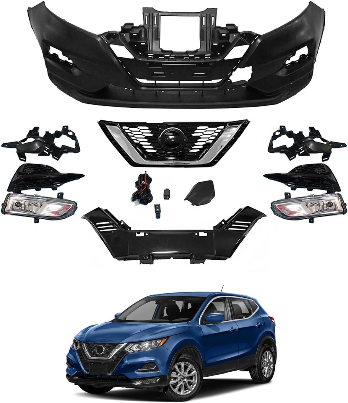 MGWILL Front Bumper Cover Kit Compatible with 2020 2021 2022 Nissan Rogue Sport S, SL, SV 2.0L W/Grille Upper Grill & Fog Lights, W/Tow Hook Hole - Full Body Set
