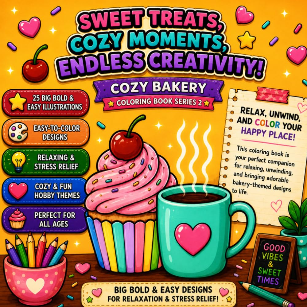 Cozy Bakery Coloring Book: Sweet Bakery Treats with Big Bold & Easy Designs for Relaxing Coloring Fun (Cozy Coloring Book Series)