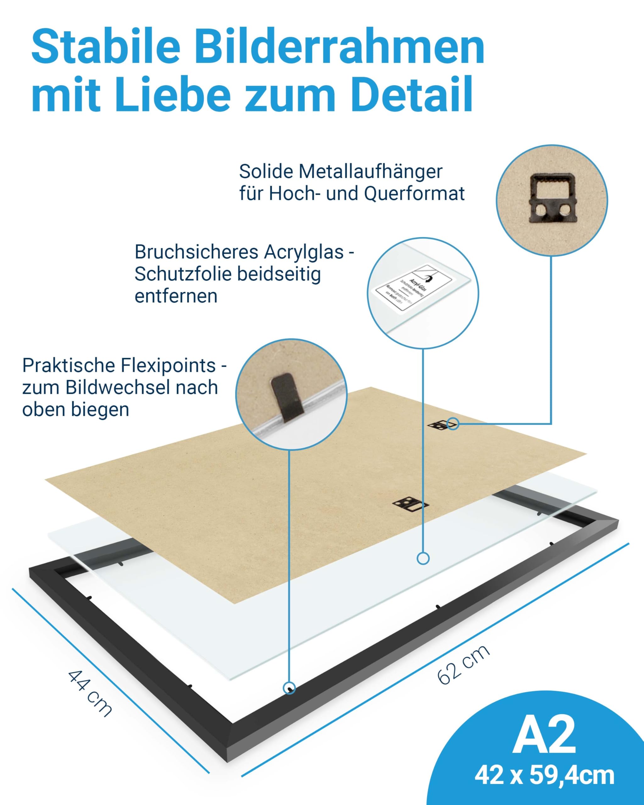 PHOTOLINI Bilderrahmen A2 Schwarz Holz MDF, 3er Set Breiter A2 Bilderrahmen 42x59,4 Zum Aufhängen, Rahmen 42x60 Mit Bruchsicherem Acrylglas & Zubehör - Poster Frame Für Ihre Stilvolle Wanddekoration
