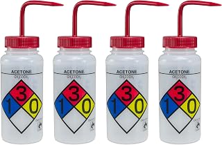 SP Bel-Art Safety-Labeled 4-Color Acetone Wide-Mouth Wash Bottles; 500ml (16oz), Polyethylene w/Red Polypropylene Cap Rinse Bottle (F11716-0001) (Pack of 4) Made in USA