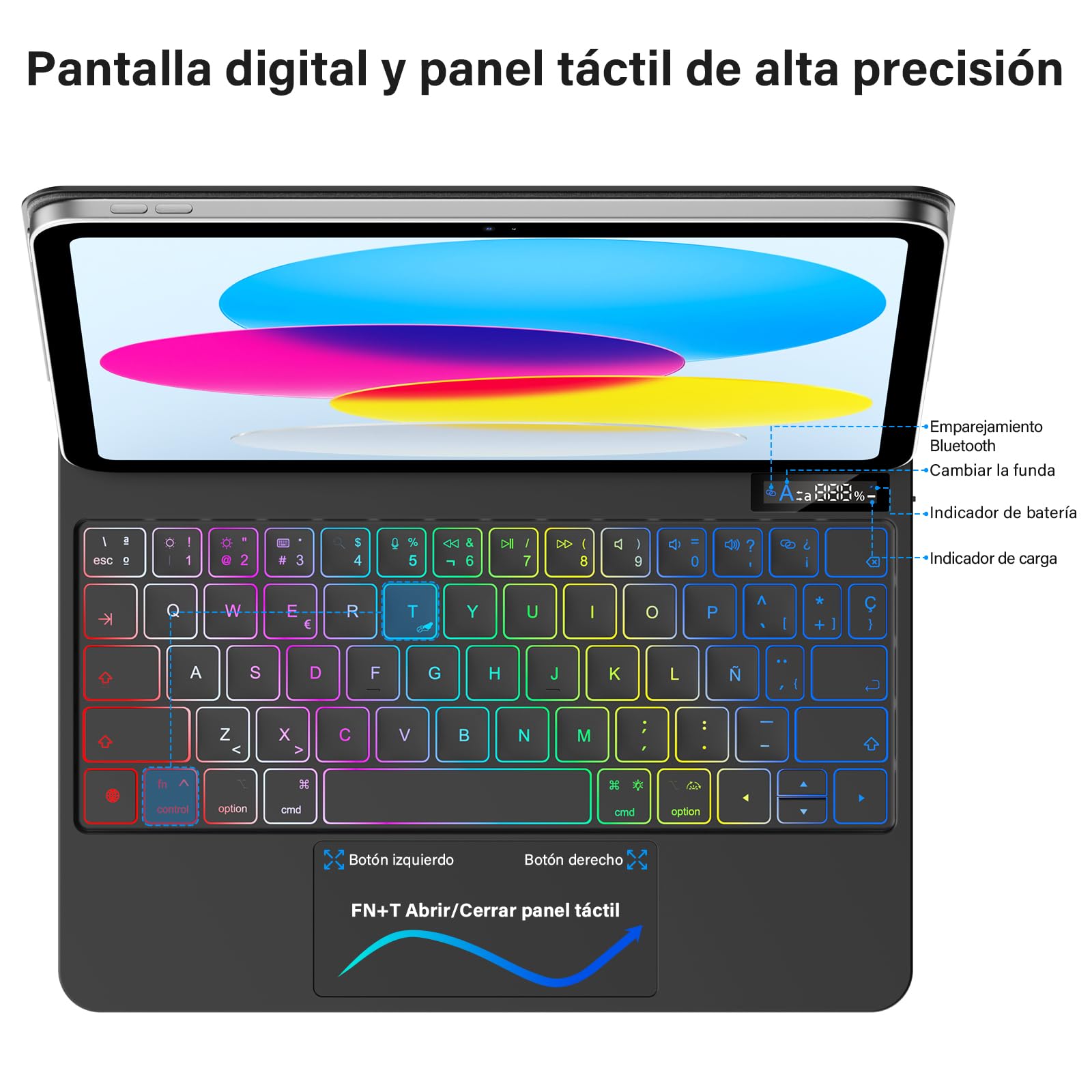 KBCASE Magic Keyboard iPad para Air 11'' M4 /M3/ Air 6/5/4 Gen y iPad Pro 11 4/3/2/1 Gen, Teclado iPad Air 11" con 7 Colores Retroiluminación, Trackpad Multitáctil, Indicador de batería, Español (Ñ)