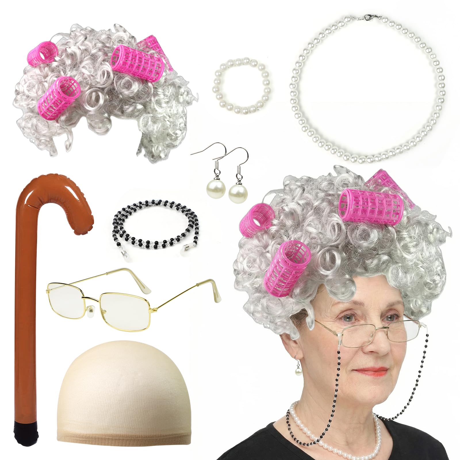 PEAKTOP 7PCS Granny Costume Accessories, Old Lady Fancy Dress Set, Old Lady Costume With Wig Hairnets Glasses Necklace Earrings Bracelet For Carnival Halloween Cosplay Masquerade