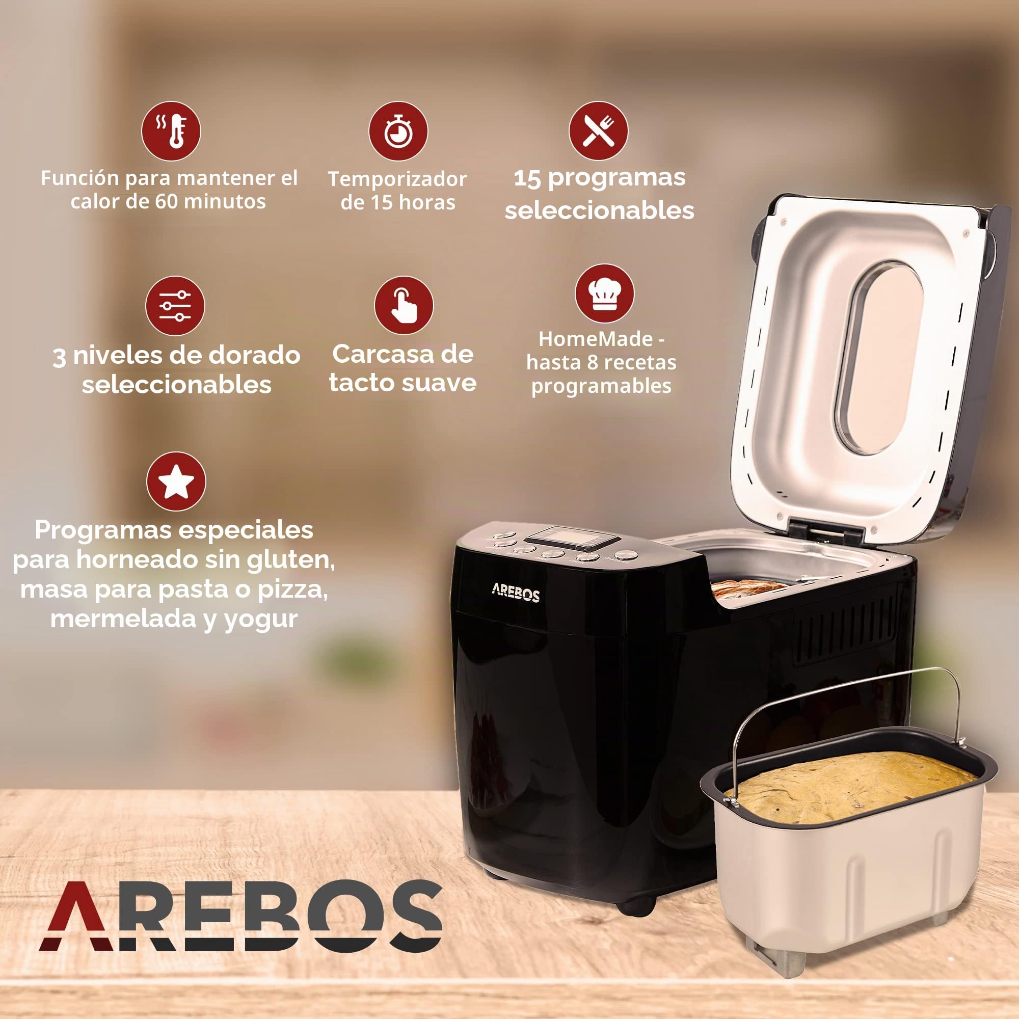 Arebos Panificadora 1500 g | con 15 programas | 2 ganchos para amasar | temporizador | pantalla LCD | 3 niveles de tostado y tamaños de pan | 850 W | Negro