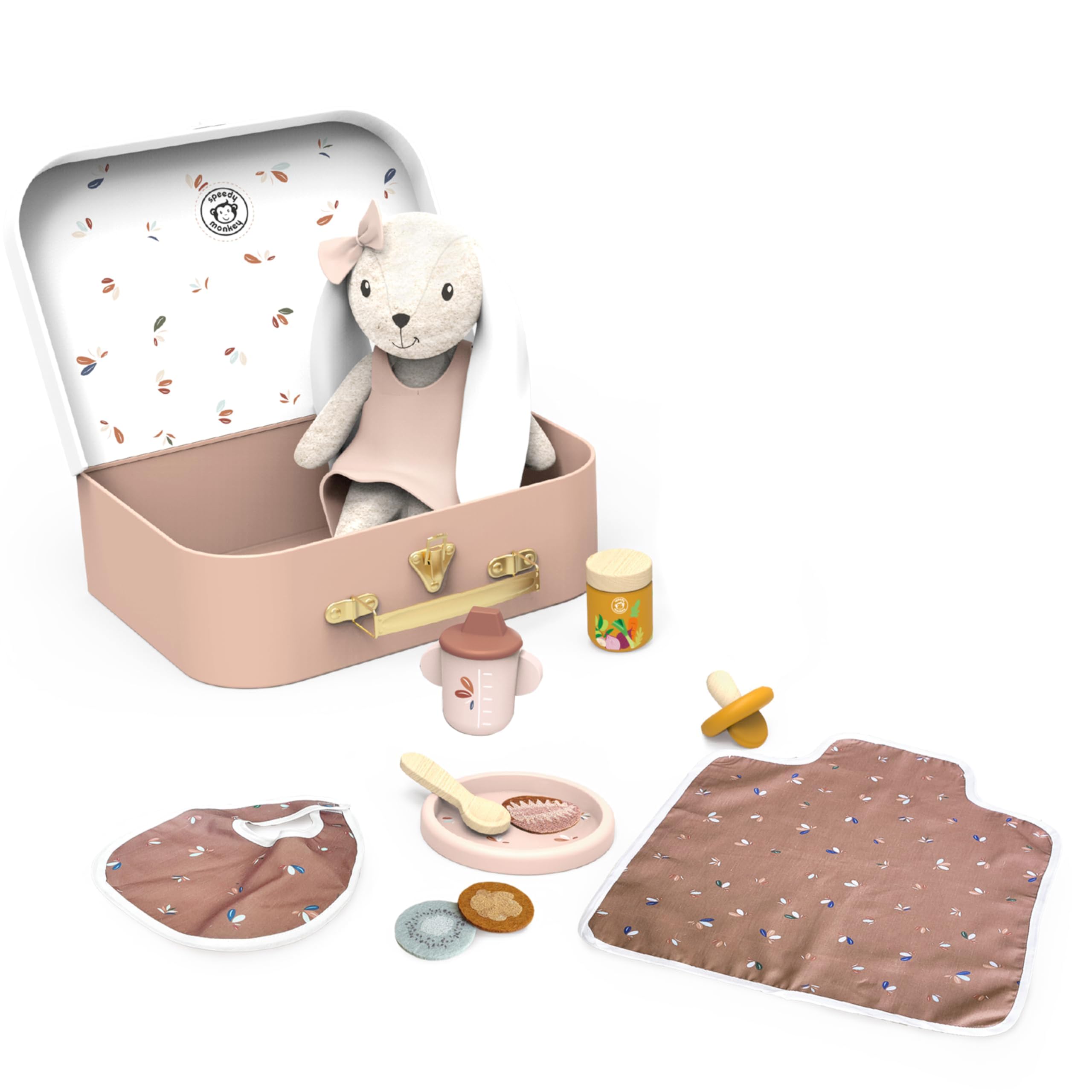SPEEDY MONKEY My First Doll Set for Kids | Pretend Play FSC Wooden Toddler Toy | Rabbit Baby Doll Playset with Feeding Accessories, Bib & Diaper Pad | Role Play Gift Set for Girls & Boys Ages 3+