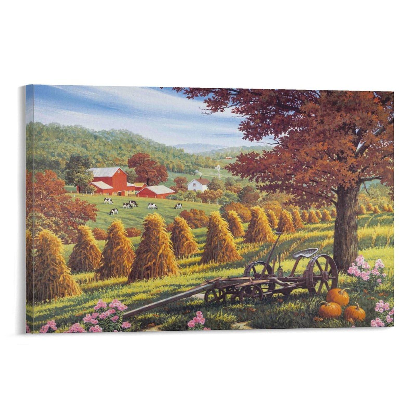 CPLVKWRQJ Autumn Farm Landscape Individual Harvest Farm Landscape Painting Framed Canvas Art - Living Room Focal Point Fade Resistant Gallery Wall Decor 08x12inch(20x30cm)
