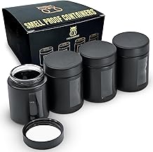 Treehouse Smell Proof Containers 120mL, Jars with Airtight Lids for Herbs, Spices, Coffee and Tea, Air Tight Glass Storage Jars with UV Protection Glass, Set of 4 Matte Black