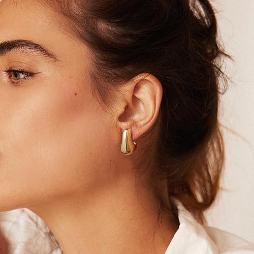 Miniatura 4 de KissYan Chunky Gold Hoop Earrings for Women, 14K Gold Plated Lightweight Hollow Open Hoops Thick Teardrop Earrings Sterling Silver Post Fashion