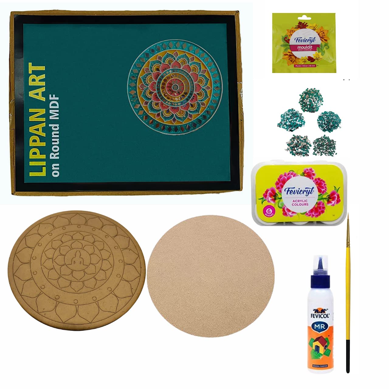 Decordial lippan Art Materials DIY kit with Buddha pre Marked 8" 1 Round MDF Board and 1 Unfinished MDF Art Board, lippan Art Mirror, lippan Art Painting Brush and Acrylic Colour Set of six