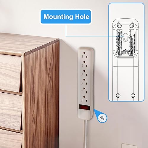 Miniatura 3 de Protector de sobretensiones de 6 tomas, 250 julios, cable de 2 pies, 15A125V, 1875 W máximo, enchufe de ángulo recto, negro, protección para el