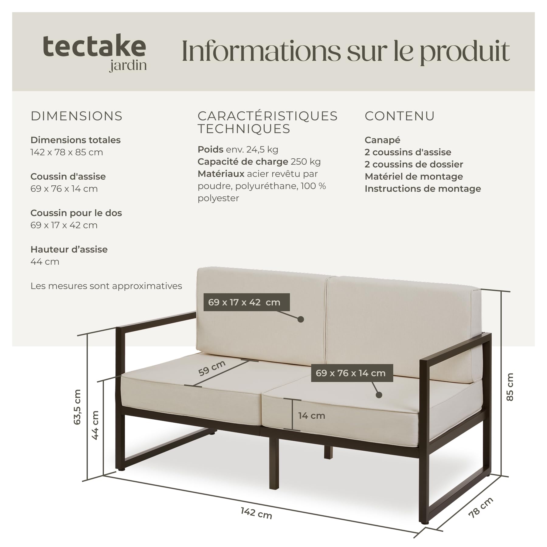tectake® Salon de Jardin Exterieur Canapé 2 Places Banquette de Jardin Coussins épais Inclus Cadre en Acier laqué époxy Mobilier Canape Exterieur Amenagement Balcon Terrasse Veranda Maison