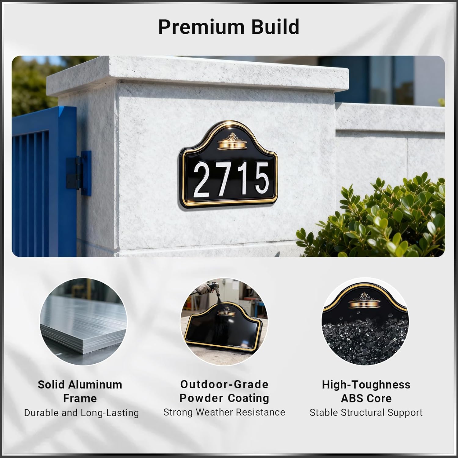 VONDERSO Address Signs for Houses, Self-Adhesive & Pre-Drilled for Easy Mounting, Premium Aluminum House Number Plaque with Weather Powder-Coated Finish – Gold Crownt (Numbers Not Included)