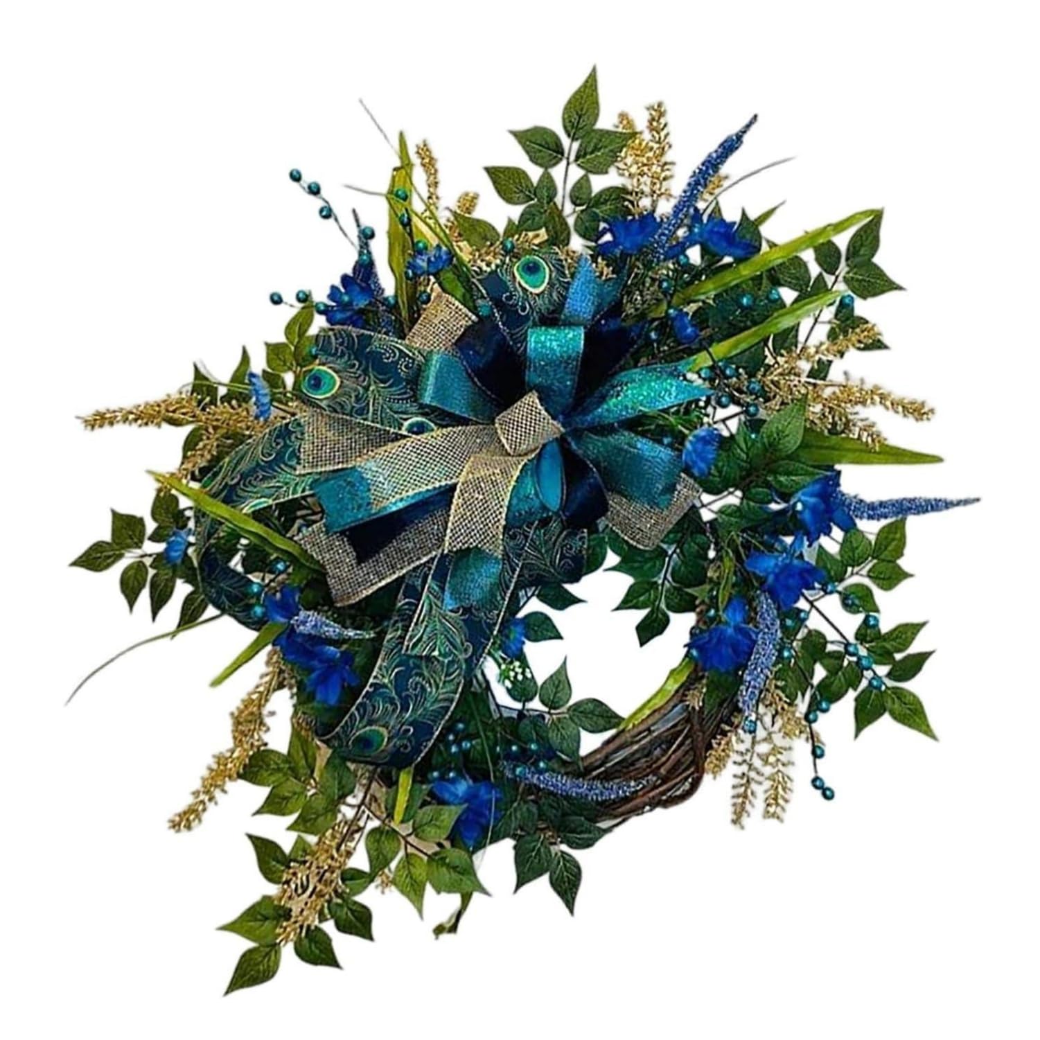 45cm Peacock Feathers Ribbon Wreath Peacock Mesh Wreath Wall Front Door Hanging Ornament Garlands Artificial Rattan Cane Garland Farmhouse Decor