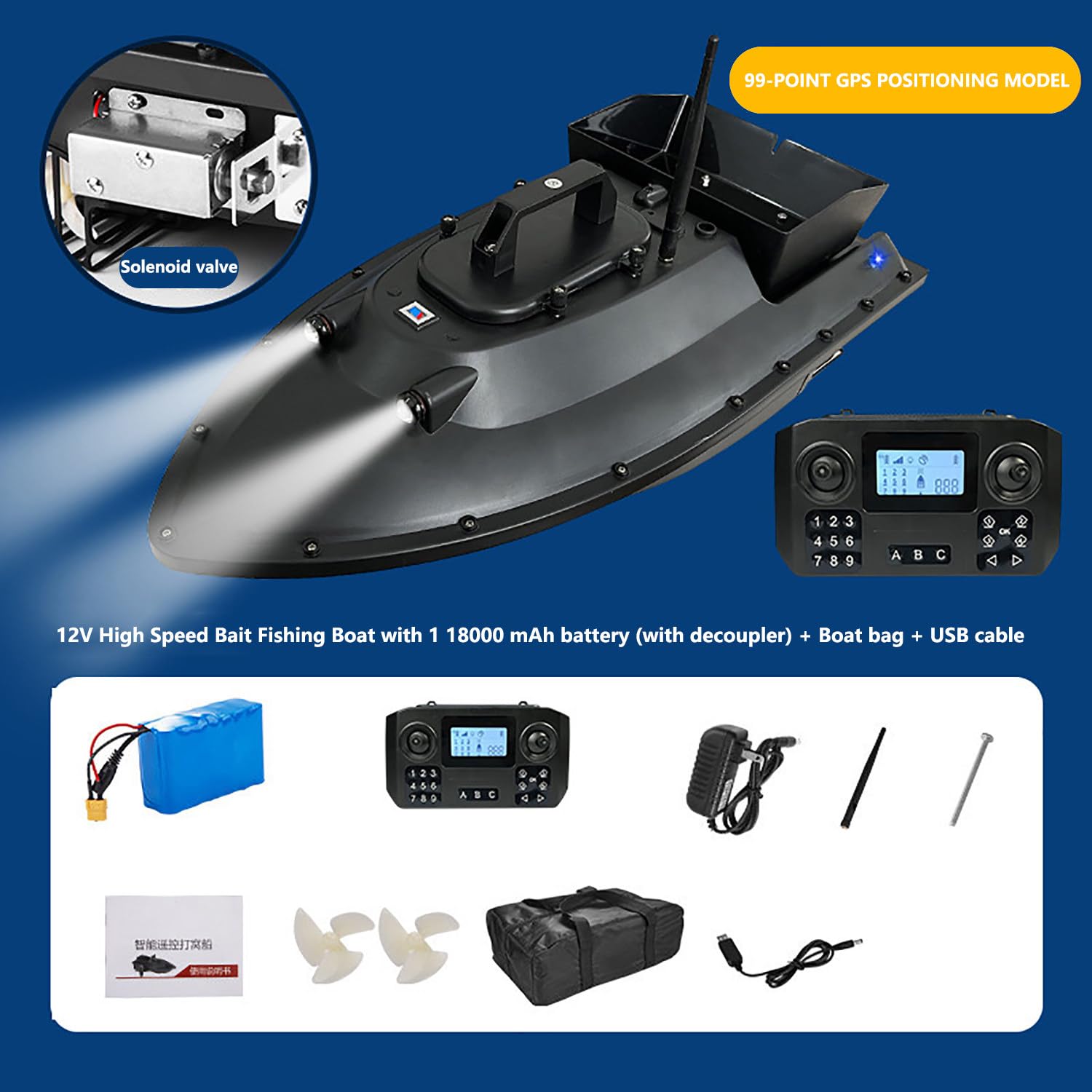 barca da pesca telecomandata a ritorno automatico GPS da 12V (sgancio elettromagnetico) con batteria da 18000 mAh, 3 velocità, telecomando per tirare la rete,carico di 2,5 kg, contenitore di scarico
