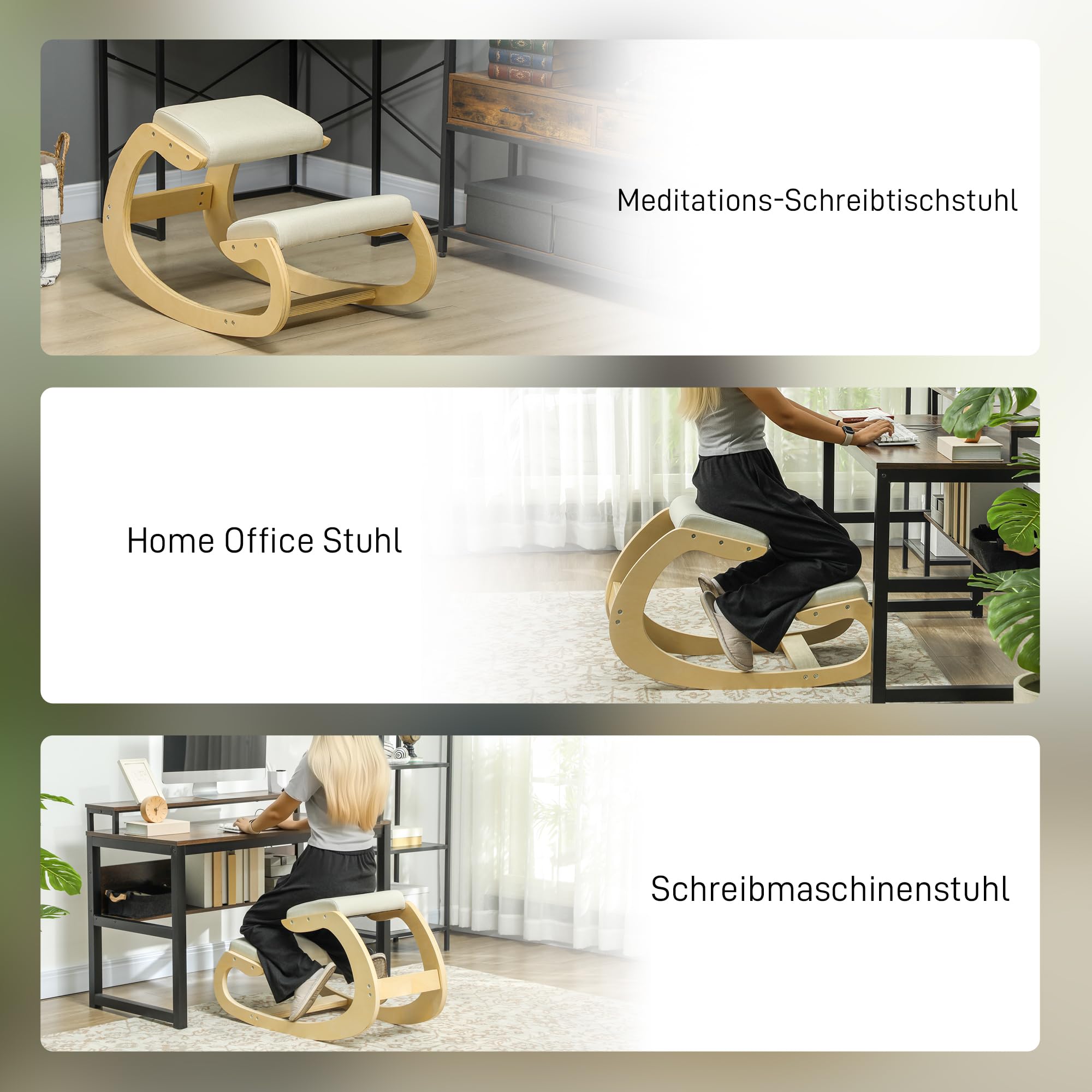 HOMCOM Kniestuhl Ergonomisch aus Holz, Gesundheitsstuhl zur Verbesserung der Körperhaltung, Bürostuhl für Homeoffice, Cremeweiß