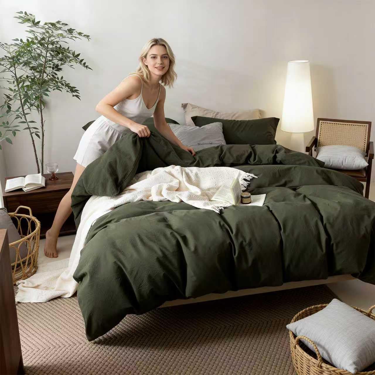 Linen Feel Olive Green Duvet Cover Queen Size 90'' L x 90'' W, Percale 100% Washed Cotton Duvet Cover with Zipper Closure Plus 2 Pillowcases, Oeko TEX Standard 100 Certificated - Image 4