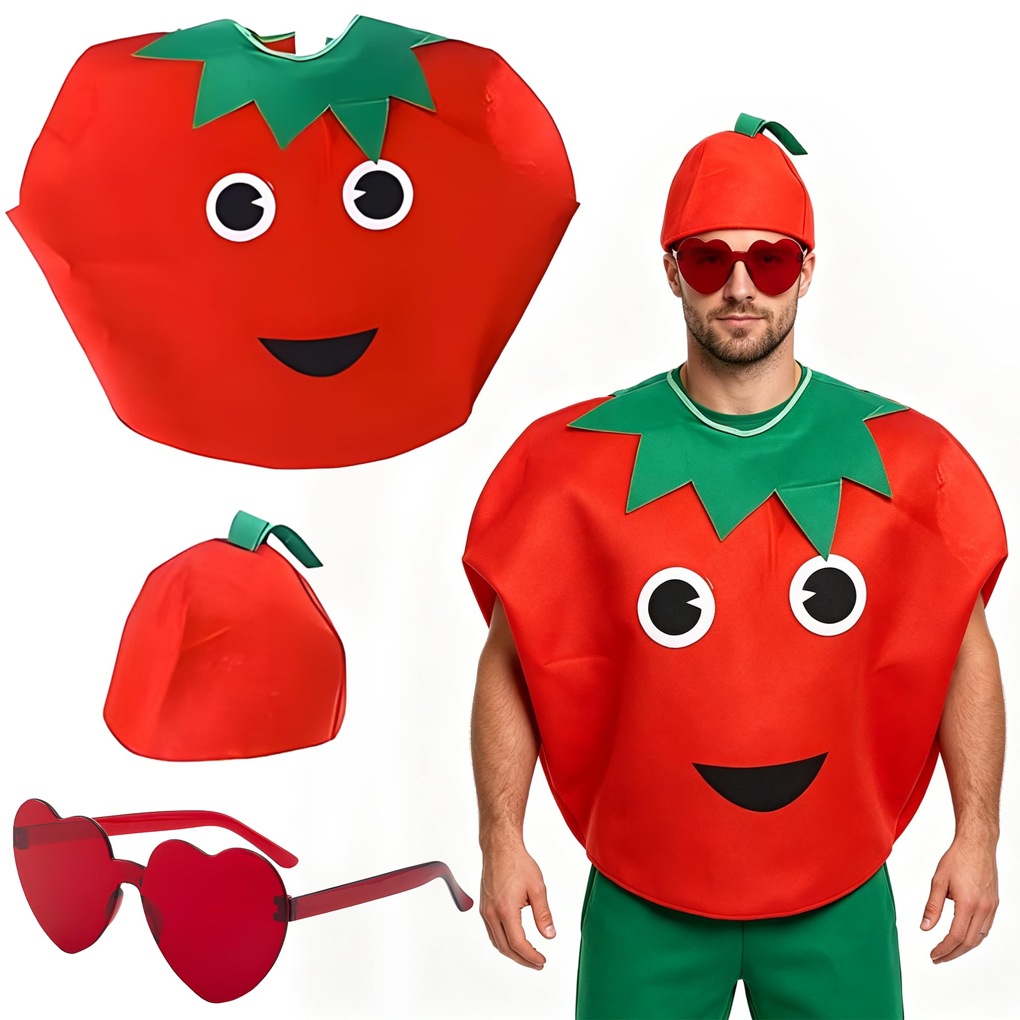 MOSNOW 3pcs Adult Tomato Costume Set - Red Hat + Tomato Suit + Heart Glasses - Funny Fancy Dress for Adults Women & Men - Unique Vegetable Outfit for Themed Parties & Role Play