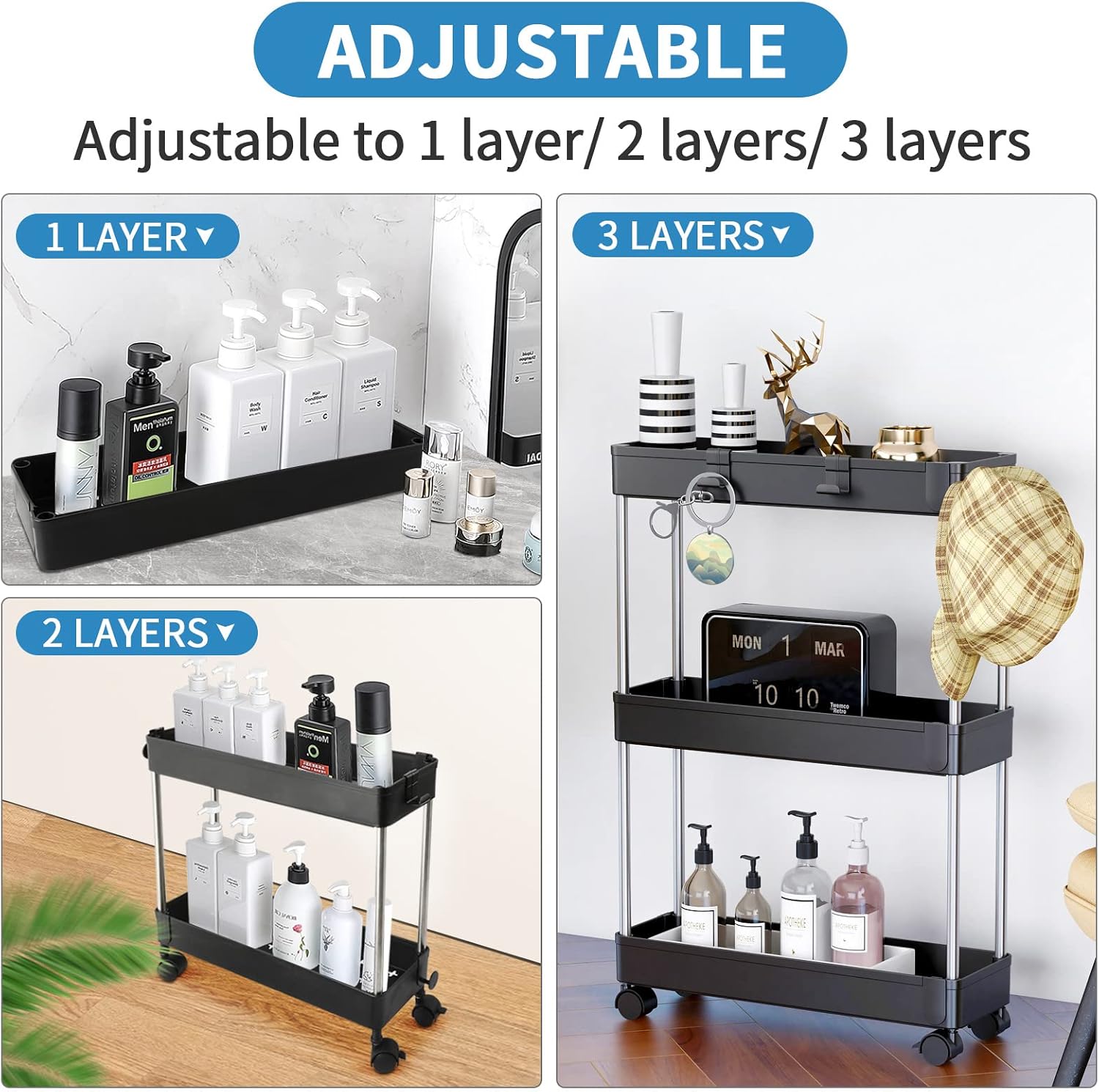 Slim Rolling Storage Cart for Bathroom Organizer,Laundry Room,3 Tier Mobile Utility Cart for Kitchen, Office, Narrow Places