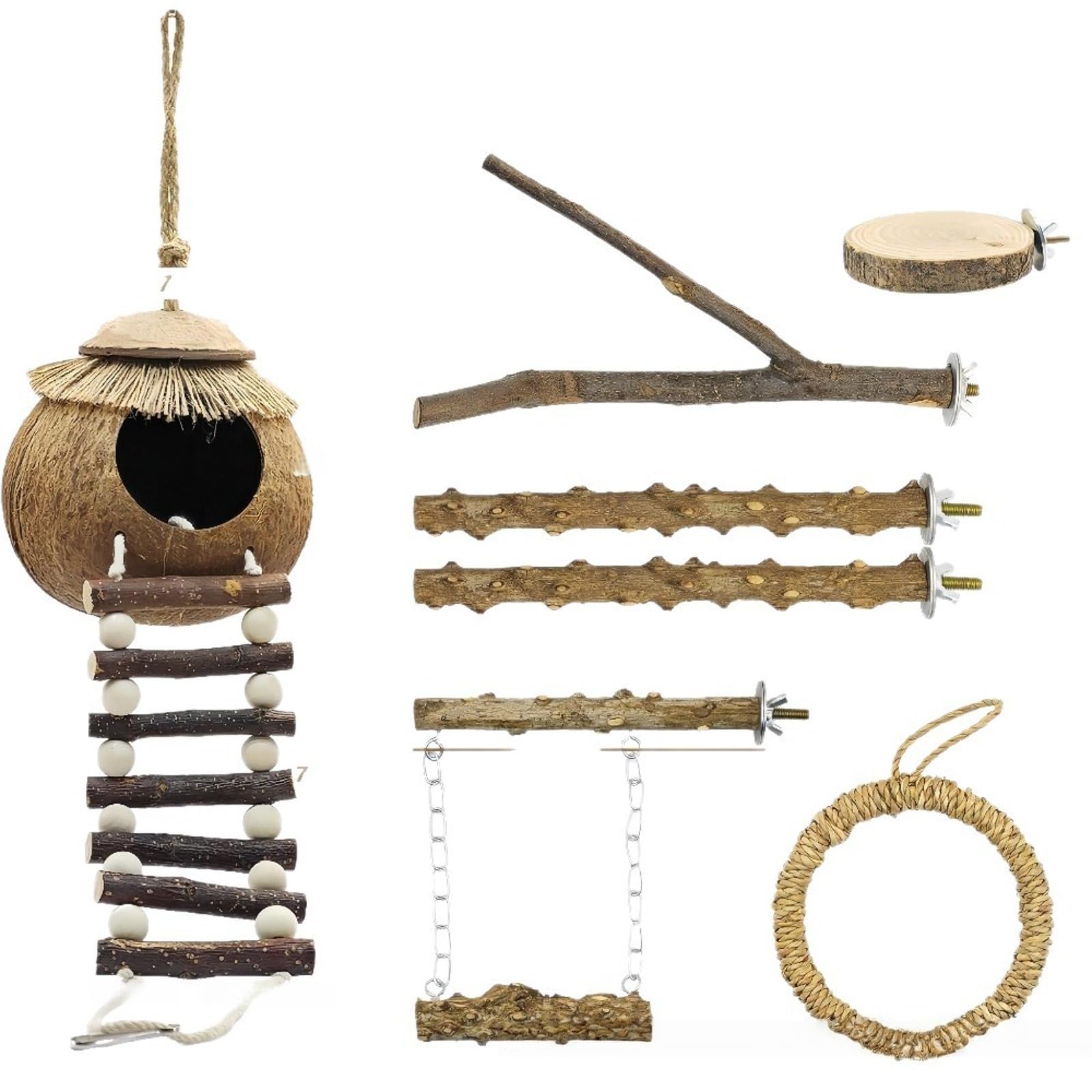 Kit d'Accessoires pour Oiseaux, Nid de Noix de Coco Naturelle avec Perchoirs en Bois de Sichuan, Balançoire et Plateforme, Adapté aux Perruches, Perroquets et Oiseaux de Petite Taille