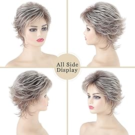 TISHINING Layered Short Blonde Pixie Wigs for White Women Dark Brown Ombre Blonde Pixie Cut Wig with Bangs Synthetic Natural Looking Daily Party Wig