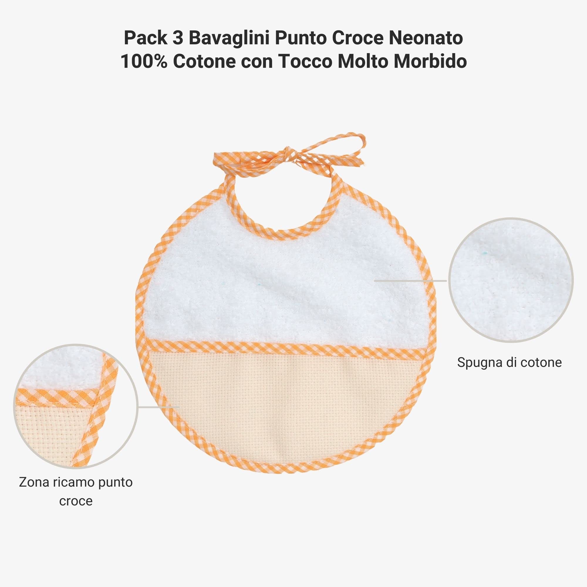 Bavaglino Punto Croce Neonato 100% Cotone Morbido Chiusura a Nastro
