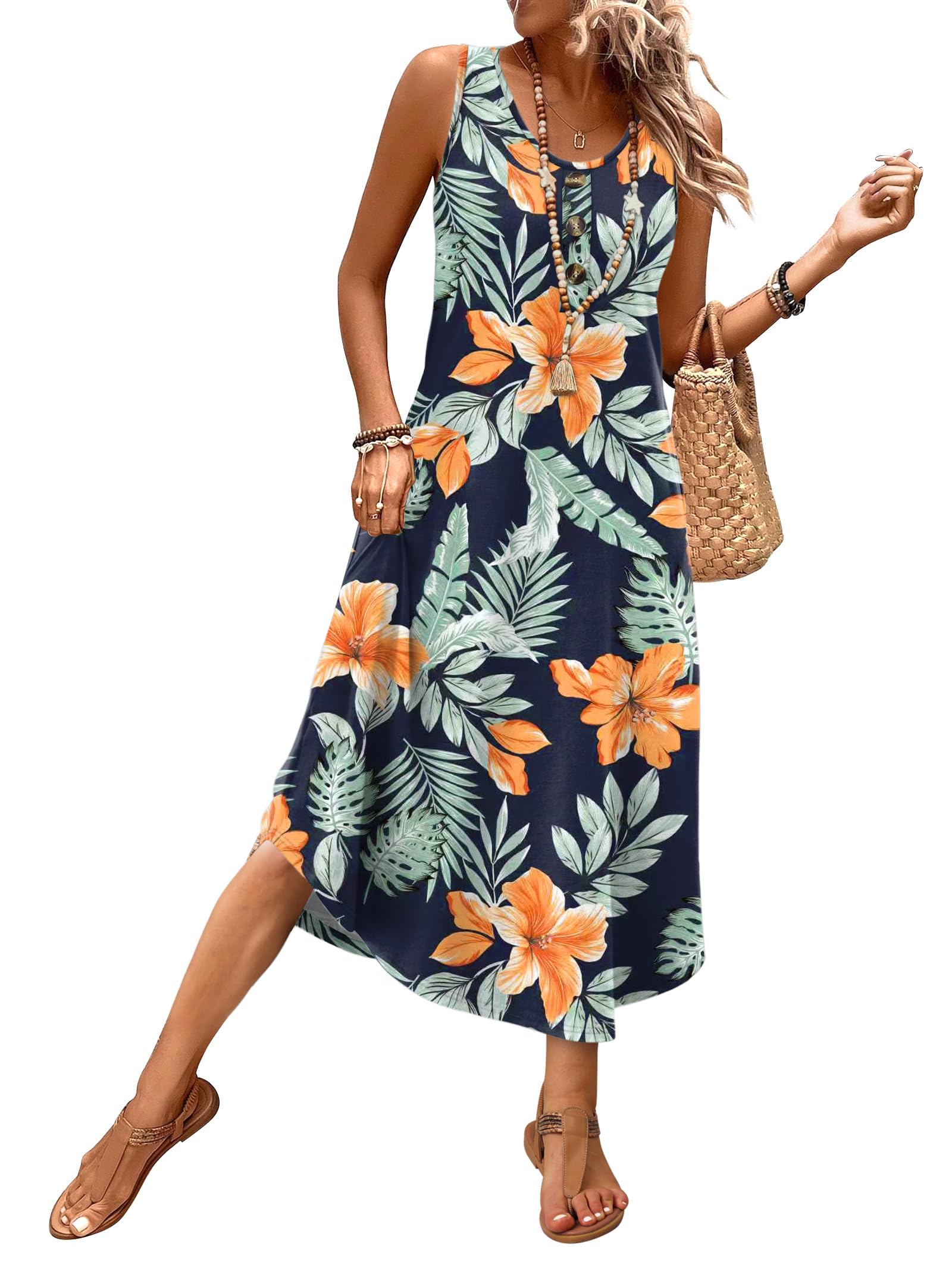 WIHOLL Summer Dresses for Women 2026 Button Front Sleeveless Casual Midi Dress Beach Vacation Sundresses with Pockets