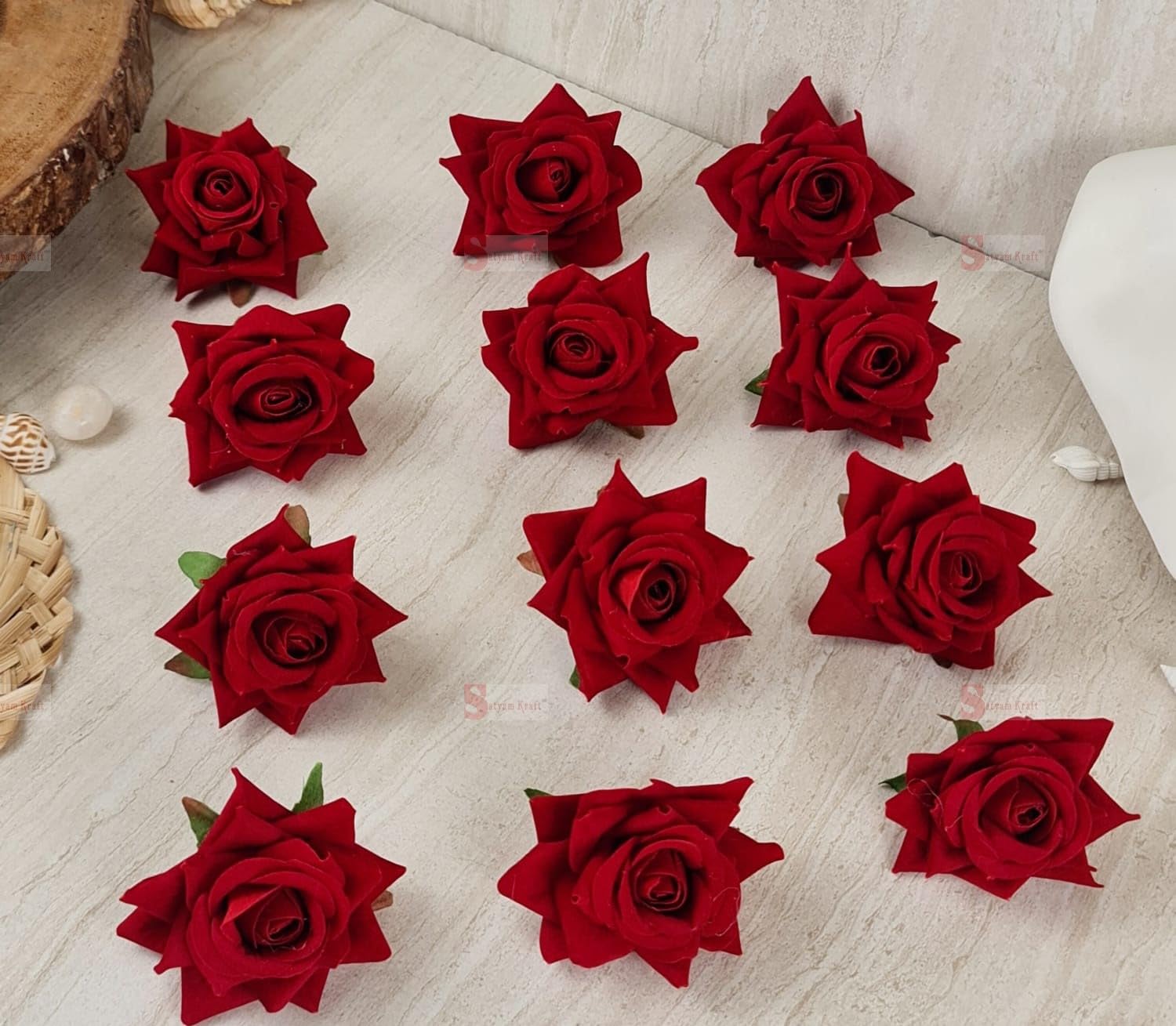SATYAM KRAFT 6 Pcs Artificial Velvet Rose Flowers | Fake Floral Decoration for Home Decoration, Gift, Mandir Pooja Table, Cake Decor, Bouquet Making, Hair Accessories, Wedding, DIY Art Craft Items