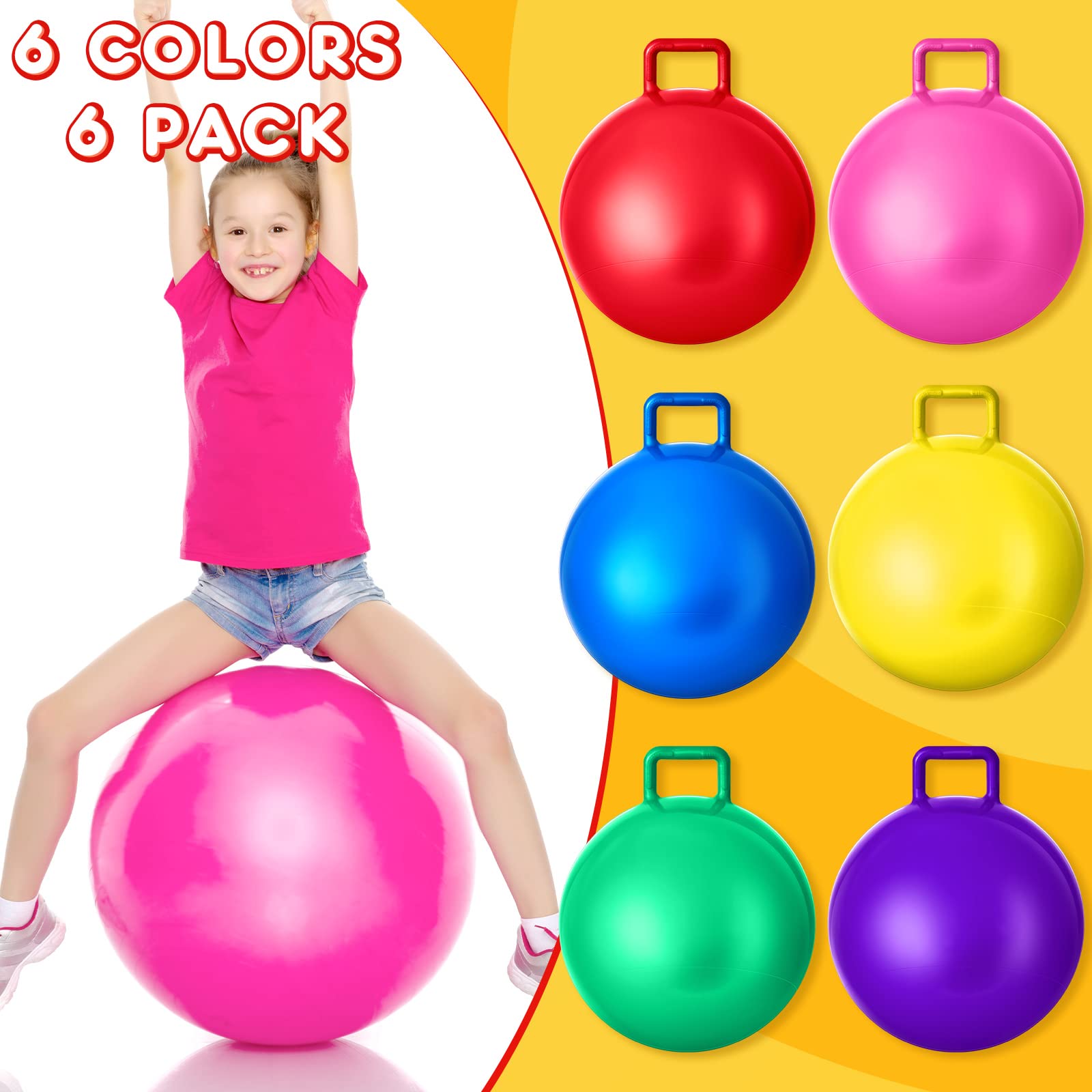 Lewtemi 6 Pcs Hopper Ball Jumping Hopping Ball Bouncing Ball with Handle and Air Pump for Outdoors Sports School Games Exercise (Red, Blue, Green, Pink, Yellow, Purple,20 Inch)