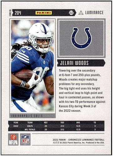 Miniatura 2 de JELANI WOODS RC 2022 Panini Chronicles Luminance Update Vertical Rookies #204 NM+-MT+ NFL Football Colts
